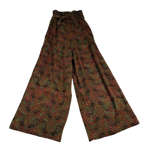 Free People Wide Leg Palazzo Pants Smocked Waist Tie Belt Abstract Print Boho - Picture 1 of 11
